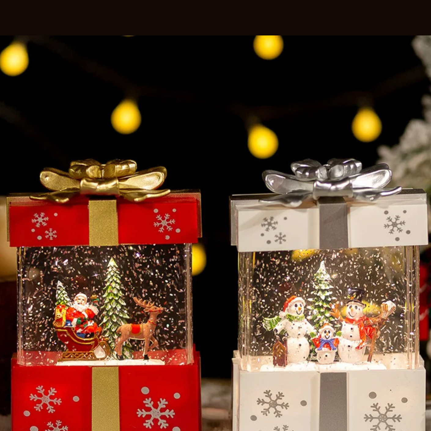 Caixa de Presente Musical de Natal vermelha e branca na neve