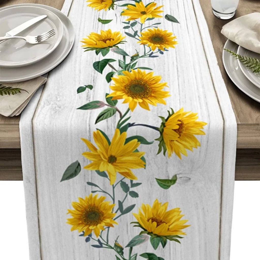 Caminho de Mesa Retrô de Linho com Estampa de Girassol para Decoração Loja Online de Mesa Posta Home Gaju