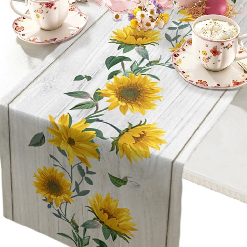 Caminho de Mesa Retrô de Linho com Estampa de Girassol para Decoração Loja Online de Mesa Posta Home Gaju