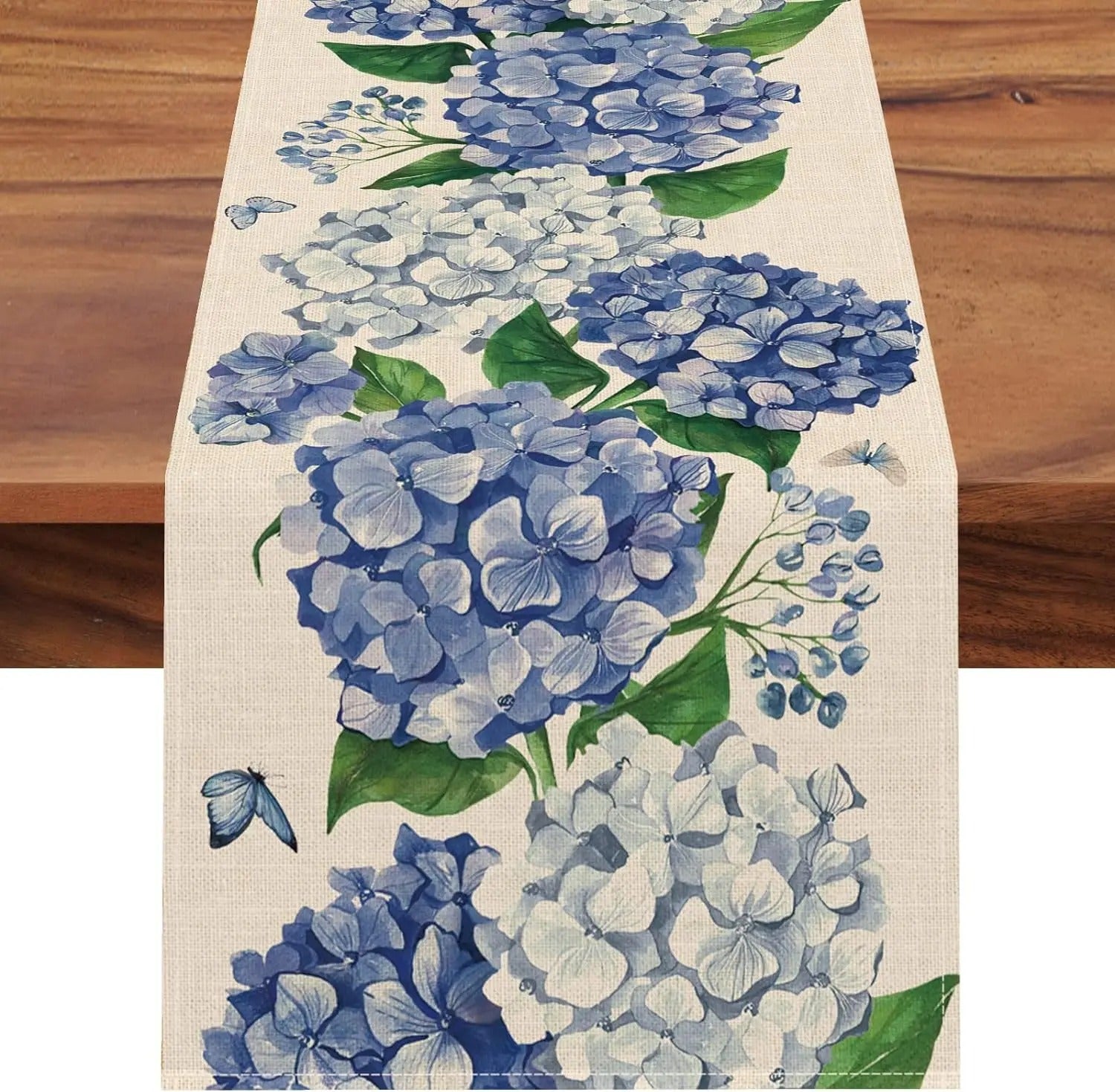 Caminho de Mesa de Linho com Estampa Floral de Hortênsia e Borboletas - Decoração de Verão  Home Gaju