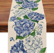 Caminho de Mesa de Linho com Estampa Floral de Hortênsia e Borboletas - Decoração de Verão  Home Gaju