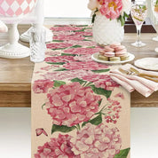 Caminho de Mesa de Linho com Estampa Floral de Hortênsia e Borboletas - Decoração de Verão  Home Gaju