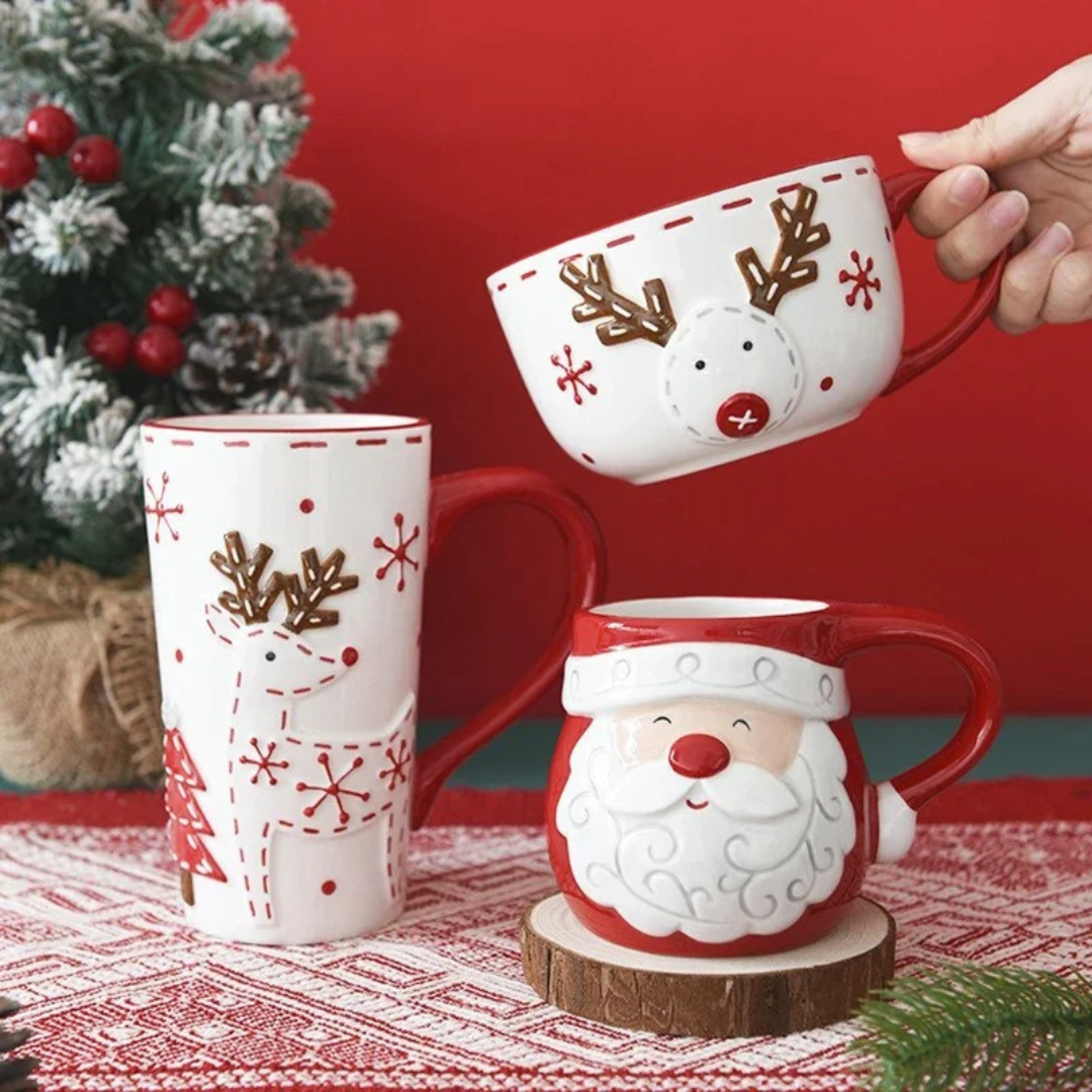 Caneca de Cerâmica Natalina em Alto Relevo – Papai Noel e Alce, Presente de Natal Home Gaju