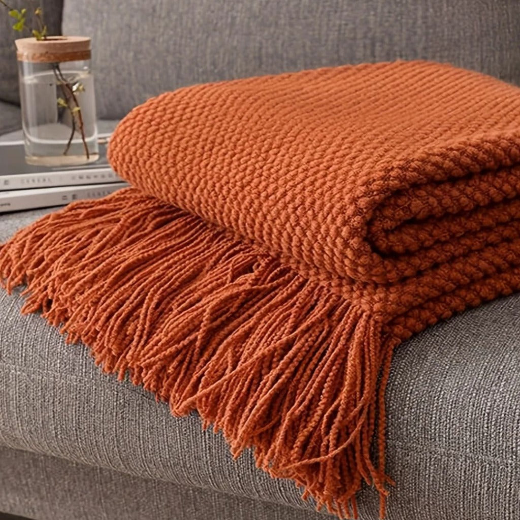 Cobertor de Malha com Borlas Laranja Morandi, Macio e Aconchegante para Sofá, Cama ou Viagem | Home Gaju
