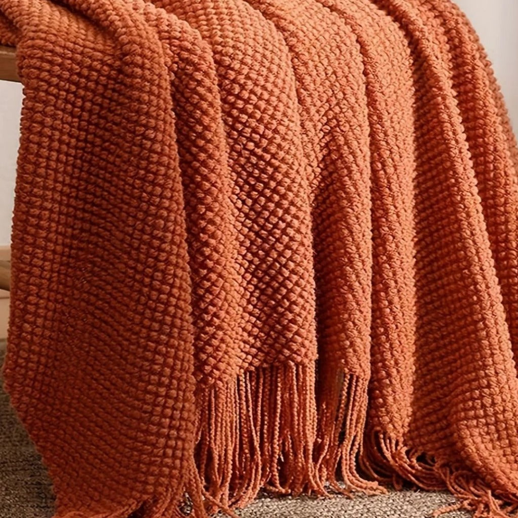 Cobertor de Malha com Borlas Laranja Morandi, Macio e Aconchegante para Sofá, Cama ou Viagem | Home Gaju