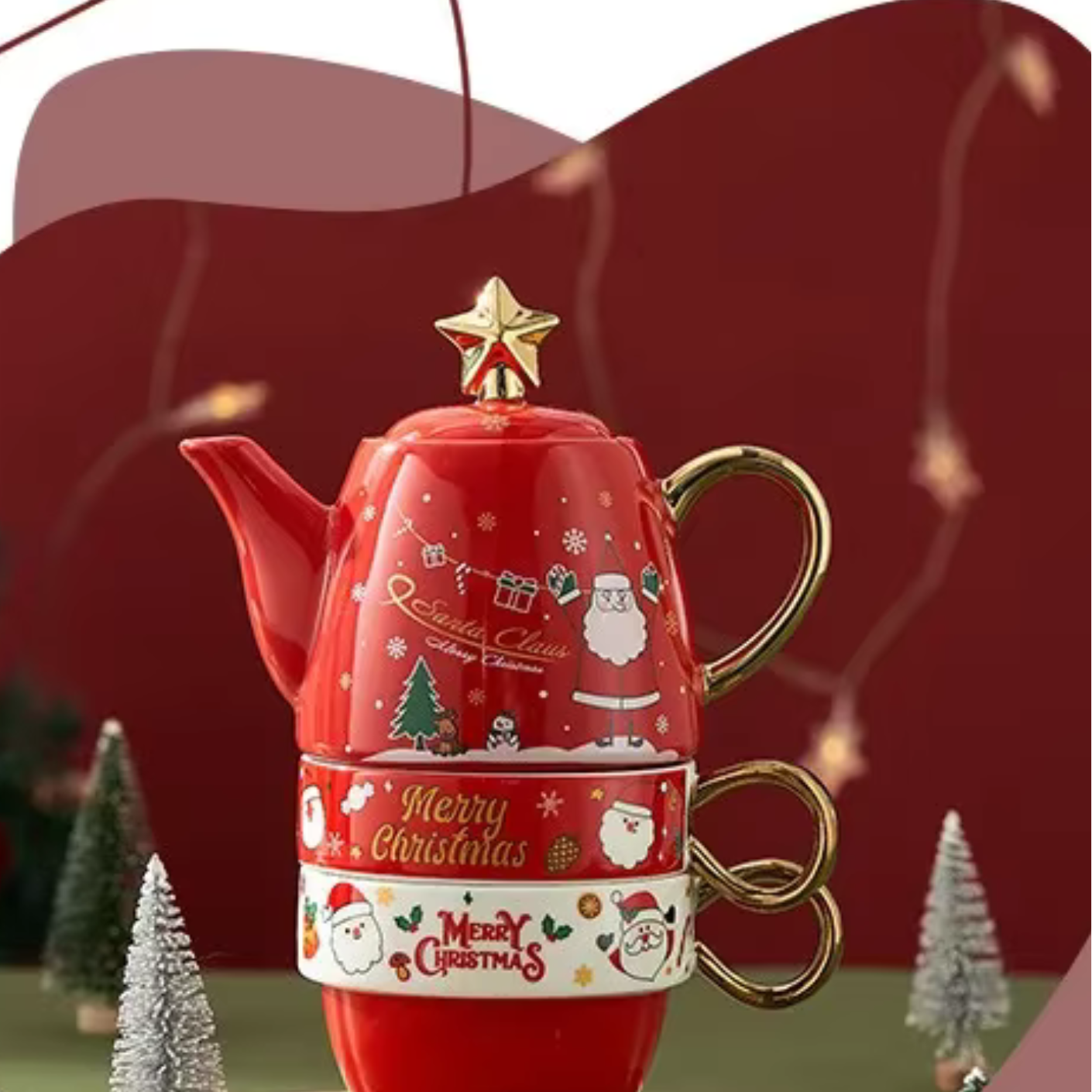 Conjunto Natalino de Bule e Caneca em Cerâmica conjunto com papai noel