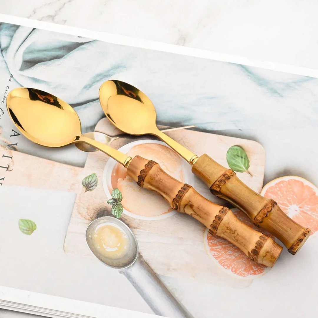 Conjunto de Talheres Criativos de 24 Peças com Cabo de Bambu - Luxo em Aço Inoxidável | Home Gaju