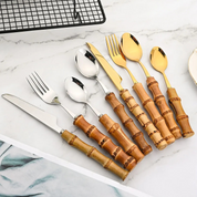 Conjunto de Talheres Criativos de 24 Peças com Cabo de Bambu - Luxo em Aço Inoxidável | Home Gaju