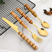 Conjunto de Talheres Criativos de 24 Peças com Cabo de Bambu - Luxo em Aço Inoxidável | Home Gaju