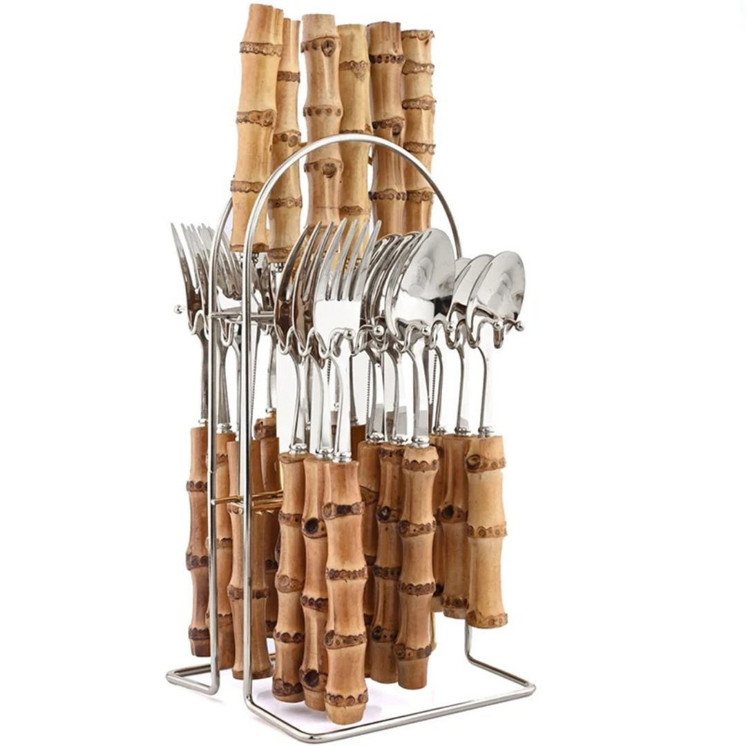 Conjunto de Talheres Criativos de 24 Peças com Cabo de Bambu - Luxo em Aço Inoxidável | Home Gaju