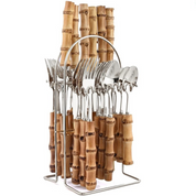 Conjunto de Talheres Criativos de 24 Peças com Cabo de Bambu - Luxo em Aço Inoxidável | Home Gaju