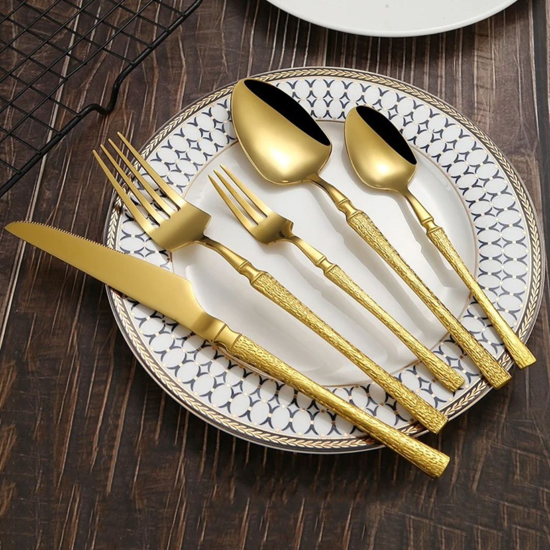 Conjunto de Talheres de Aço Inoxidável Dourado - 20 e 30 Peças com Colher, Garfo e Faca | Home Gaju