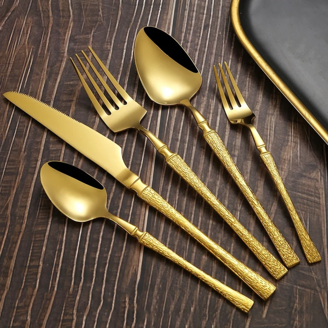 Conjunto de Talheres de Aço Inoxidável Dourado - 20 e 30 Peças com Colher, Garfo e Faca | Home Gaju