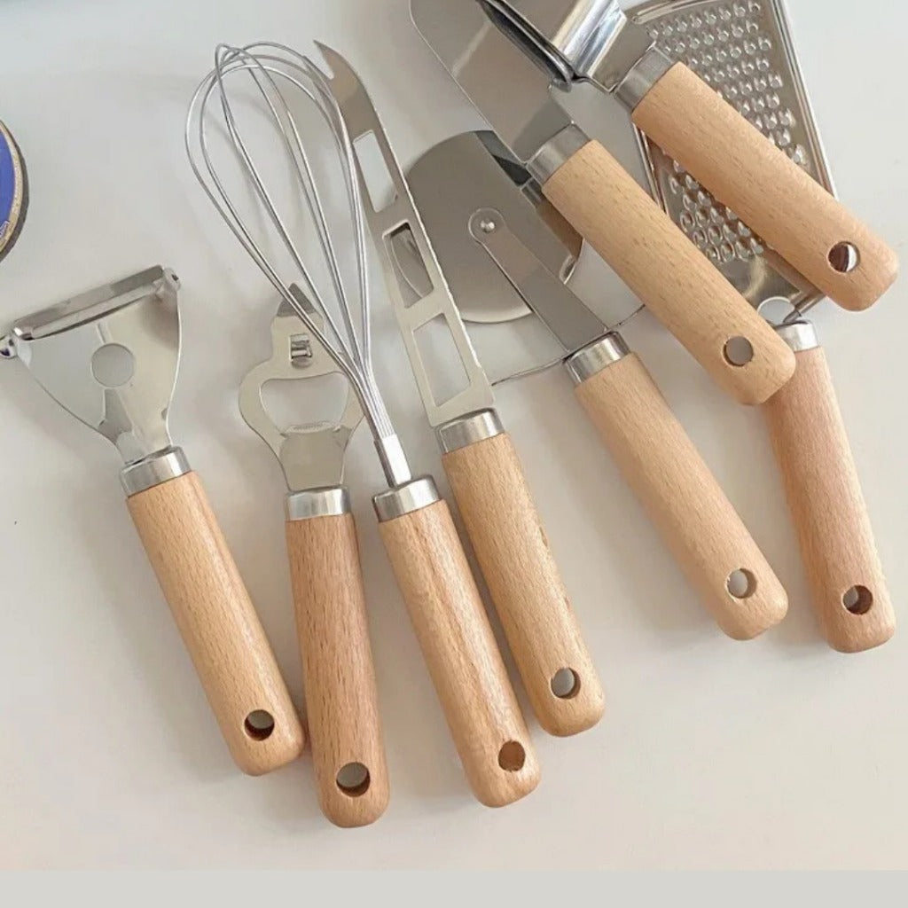 Conjunto de Utensílios de Cozinha com Cabo de Madeira 9 Peças Funcional e Estiloso | Home Gaju