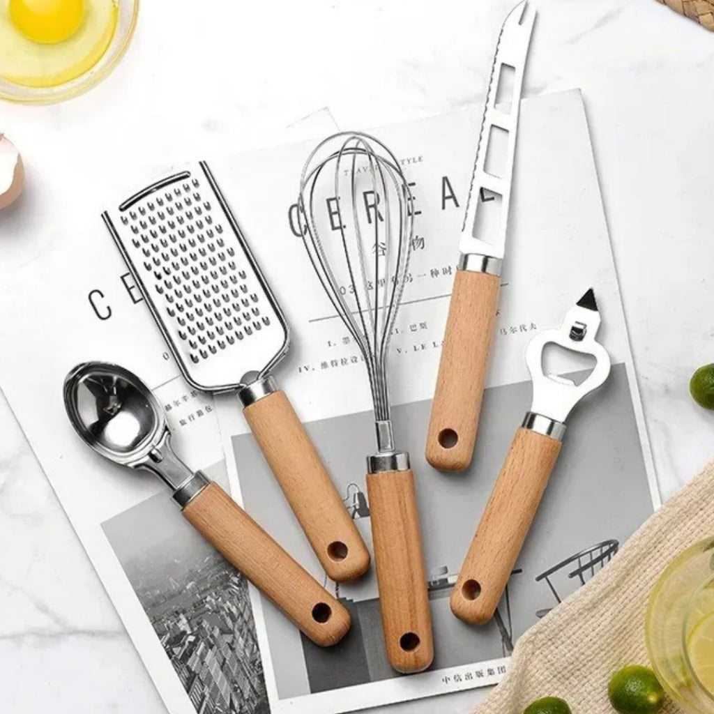 Conjunto de Utensílios de Cozinha com Cabo de Madeira 9 Peças Funcional e Estiloso | Home Gaju