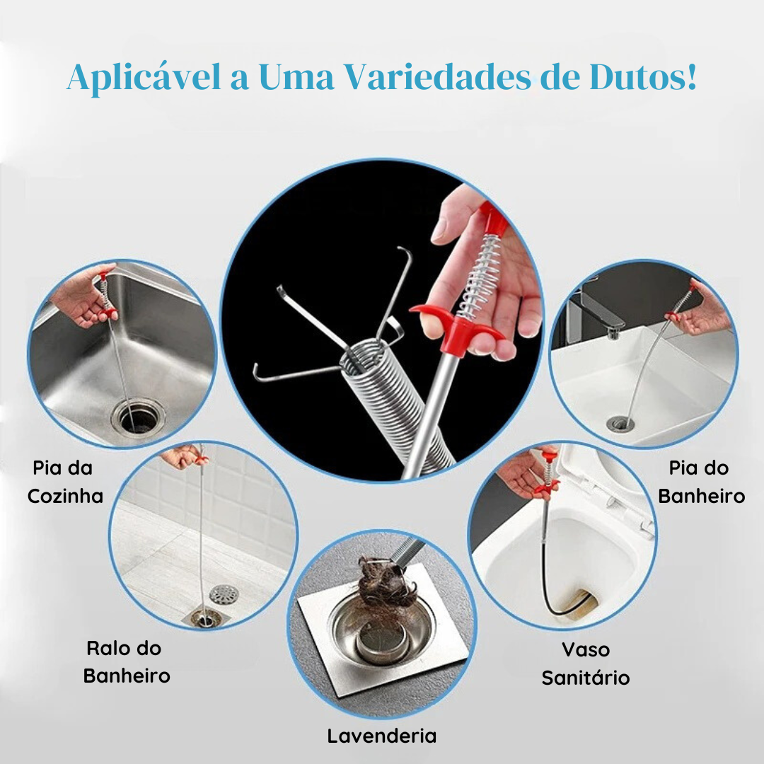 Desentupidor de pias e ralos com garra mecânica e cabo flexível de 60cm. Ideal para remover cabelos e detritos de canos de cozinha e banheiro.