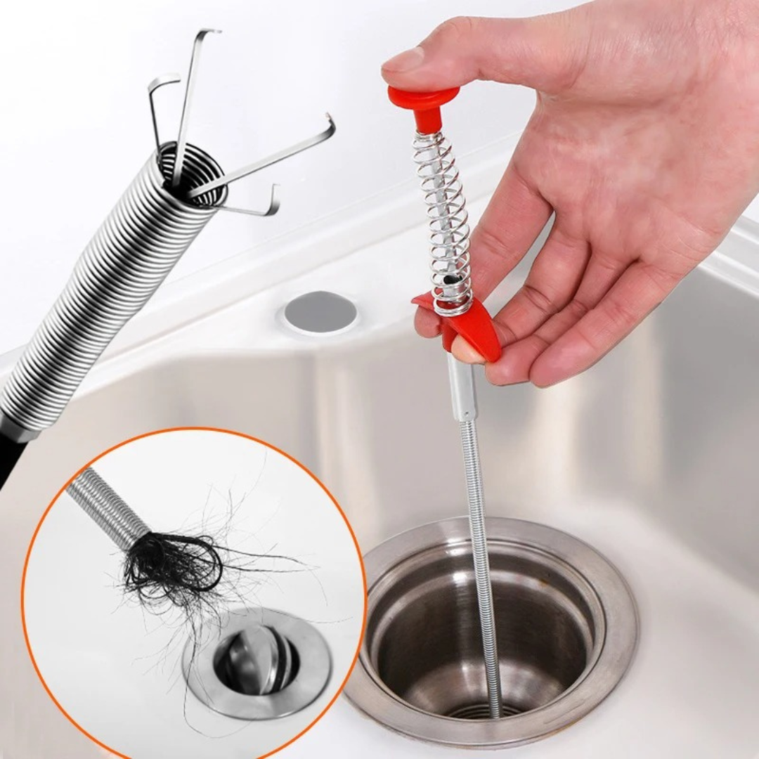 Desentupidor de pias e ralos com garra mecânica e cabo flexível de 60cm. Ideal para remover cabelos e detritos de canos de cozinha e banheiro.
