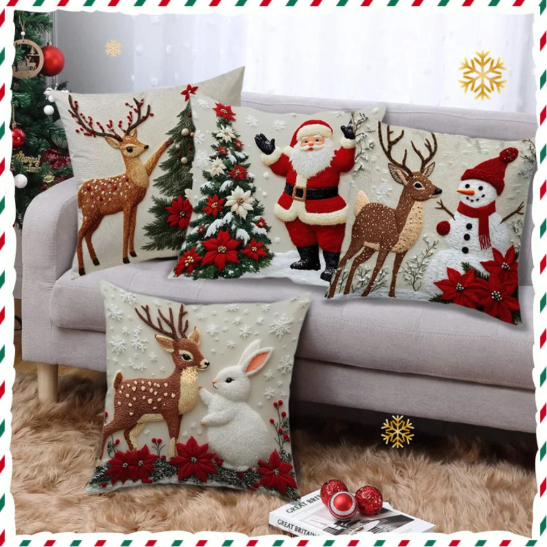 Fronha Decorativa de Natal no sofá ao lado do pinheiro