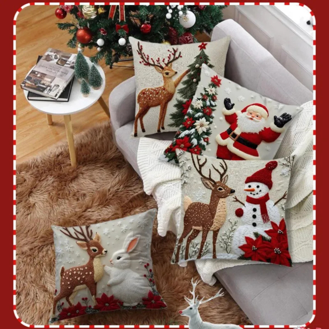 Fronha Decorativa de Natal no sofá e tapete