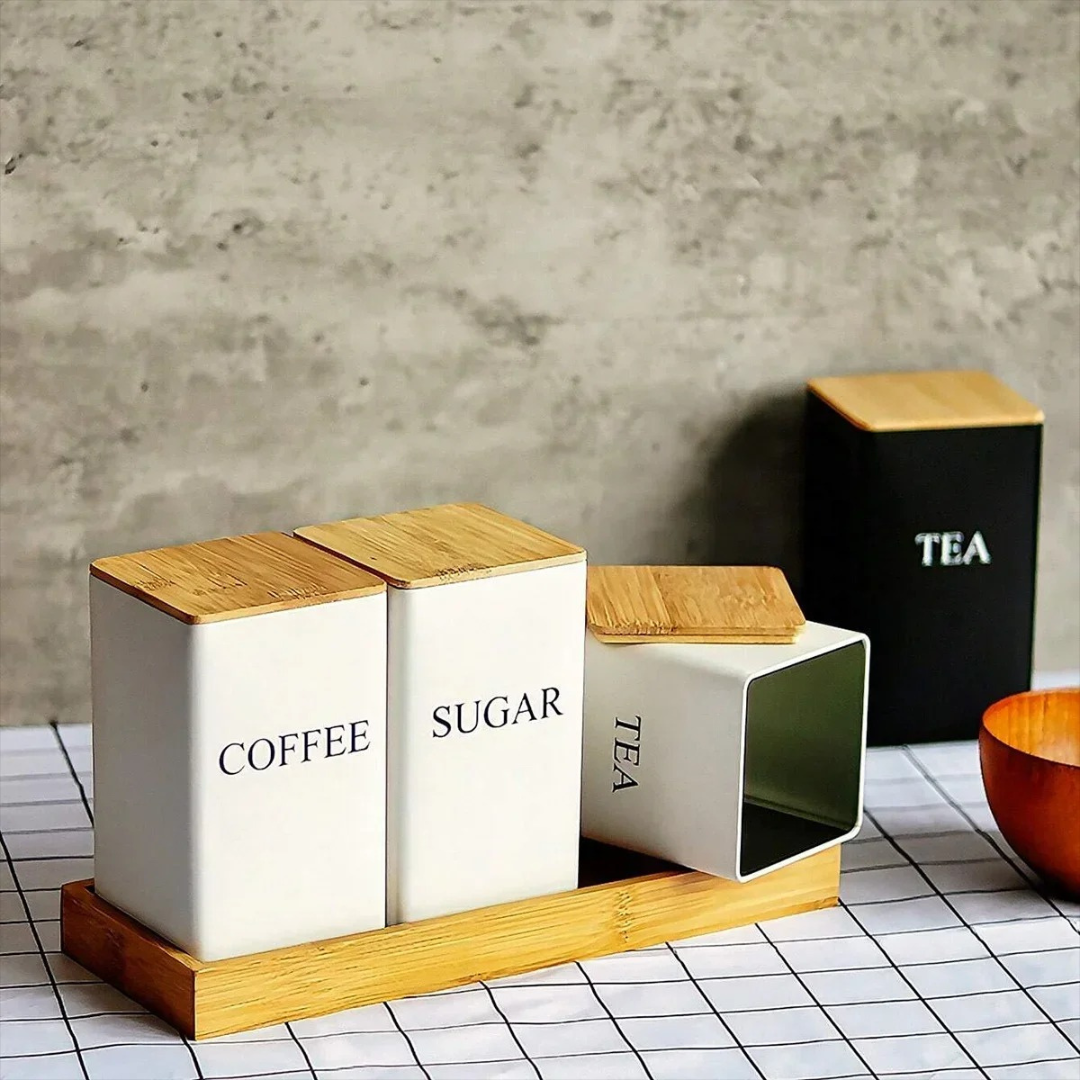 Organizador de Cozinha com Tampa de Bambu - Potes Herméticos para Chá, Açúcar e Café
