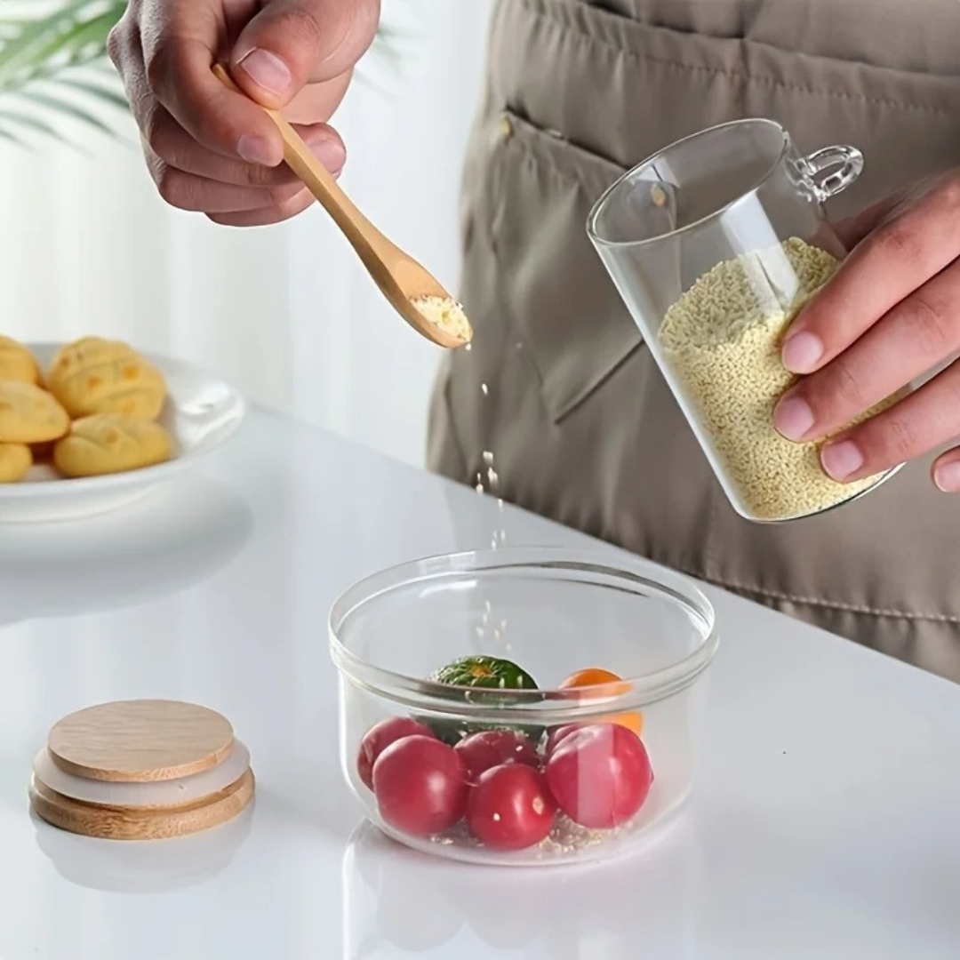 Pote de Armazenamento de Vidro com Tampa de Bambu Selada - 280 ml, Hermético com Colher | Home Gaju