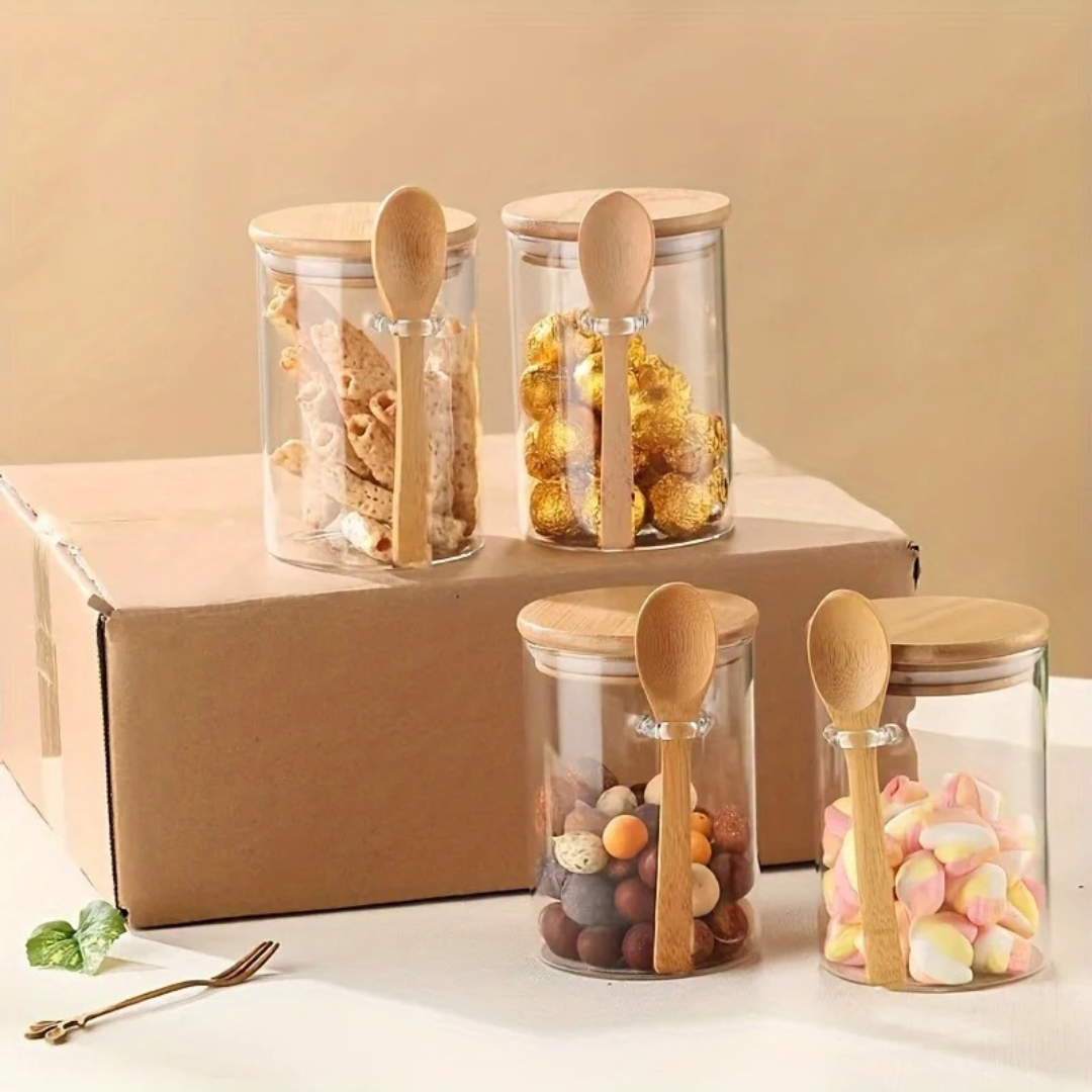 Pote de Armazenamento de Vidro com Tampa de Bambu Selada - 280 ml, Hermético com Colher | Home Gaju