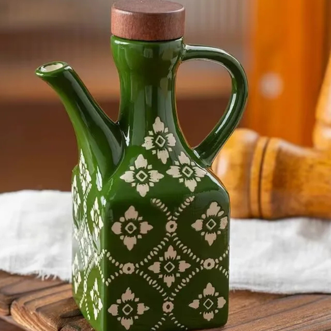 Pote de Óleo de Cerâmica 250 ml com Tampa de Madeira e Alça | Home Gaju