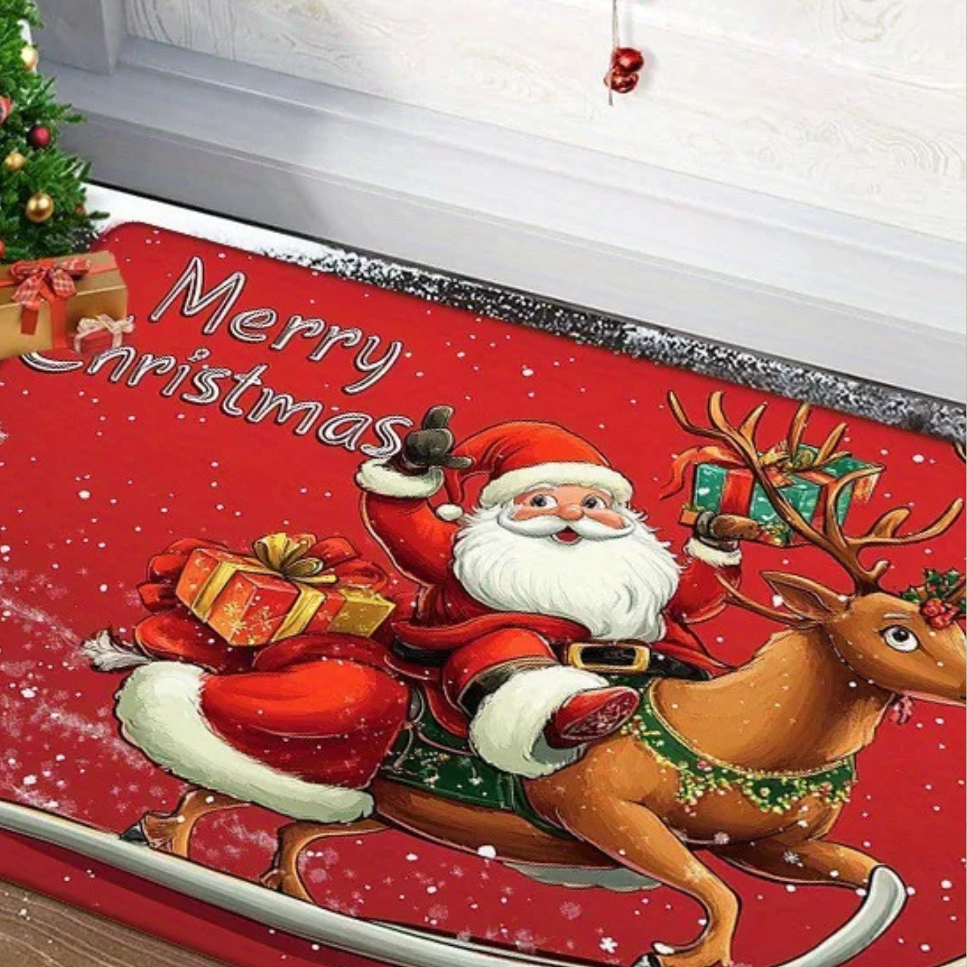 Tapete de Porta Feliz Natal Papai Noel com Rena