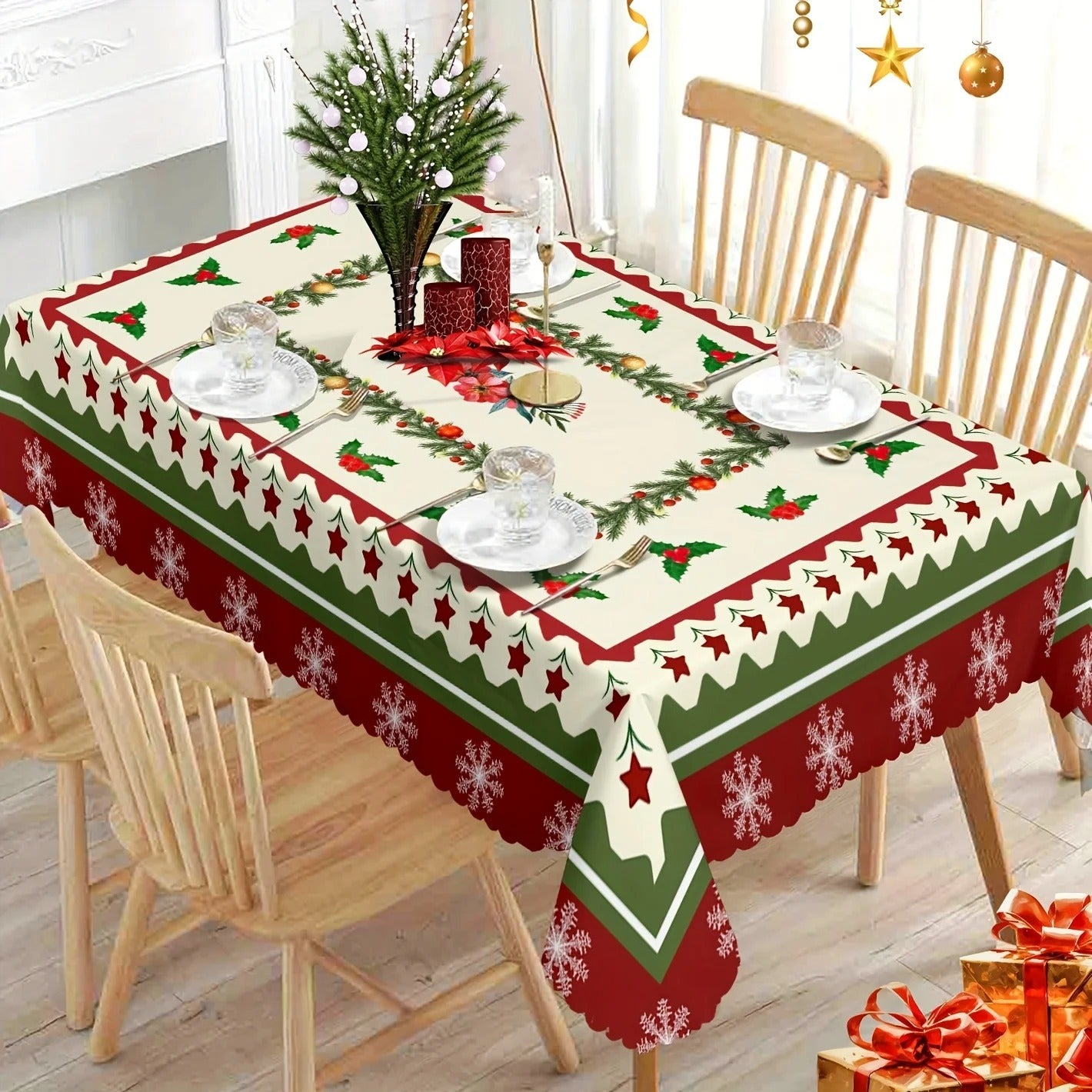 Toalha de Mesa Natalina à Prova d'Água com mesa posta