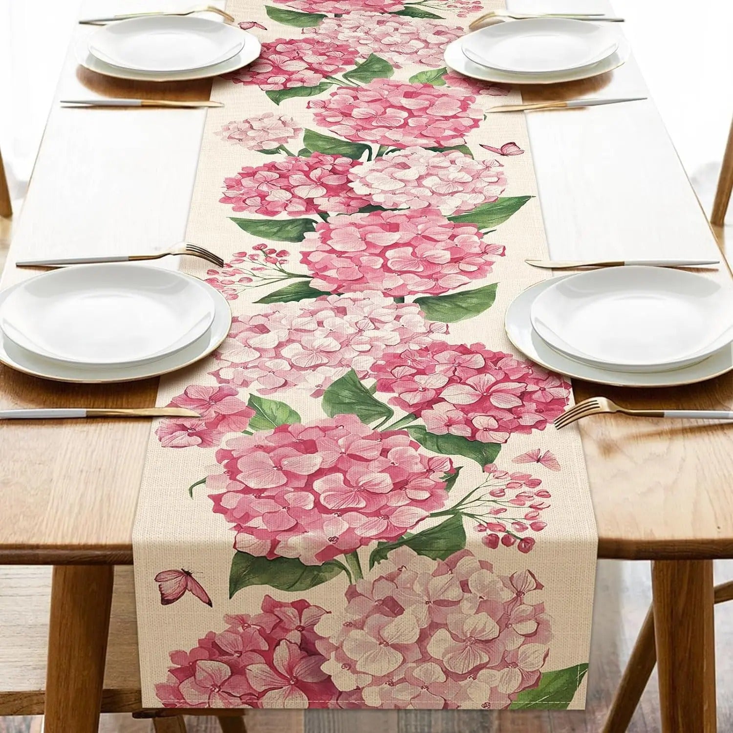 Caminho de Mesa de Linho com Estampa Floral de Hortênsia e Borboletas - Decoração de Verão  Home Gaju