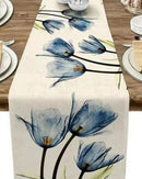 Caminho de Mesa em Linho Azul sob mesa com pratos