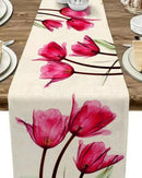 Caminho de Mesa Rosa em Linho sob mesa com pratos