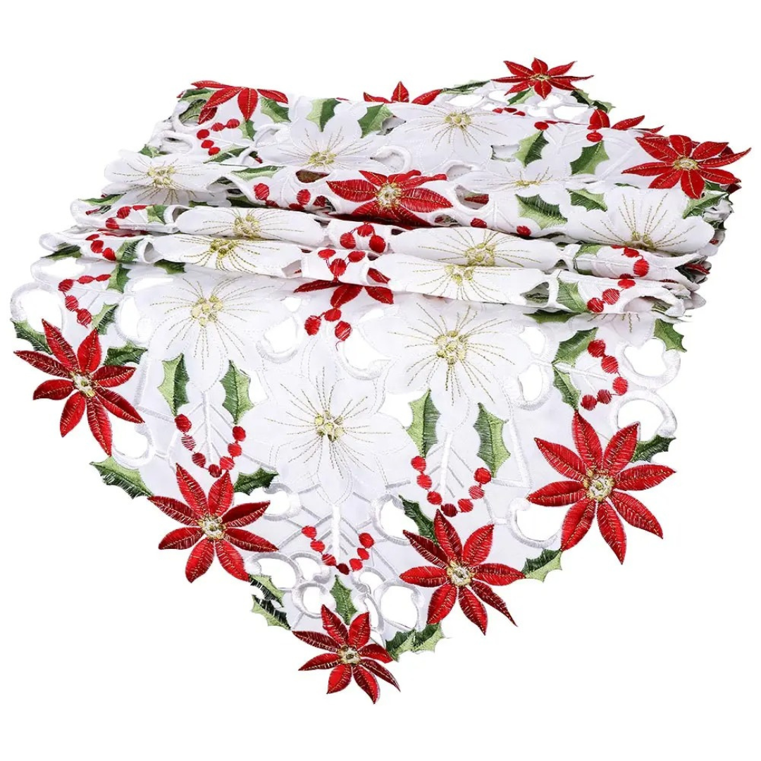 Caminho de Mesa de Natalina Bordado no fundo branco