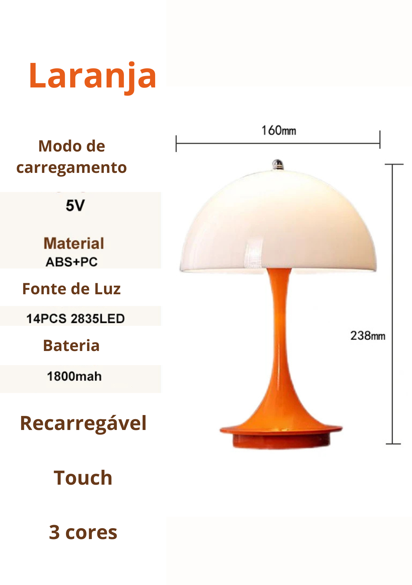 Especificações do Candeeiro de Mesa Cogumelo com as medidas