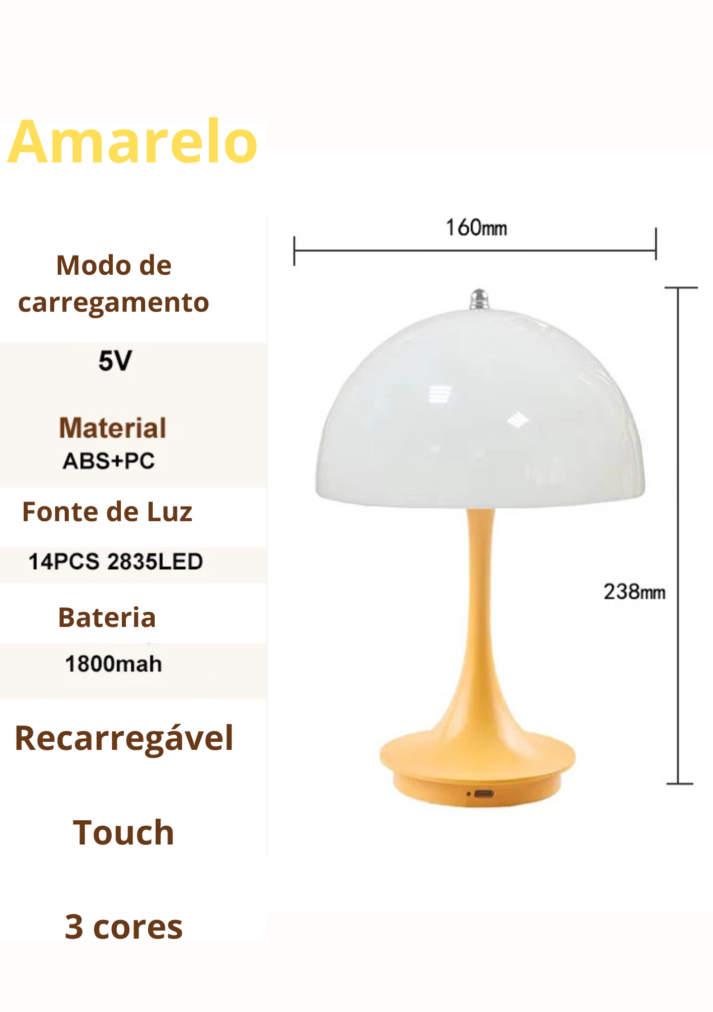 Especificações técnicas do Candeeiro de Mesa Cogumelo com base amarela