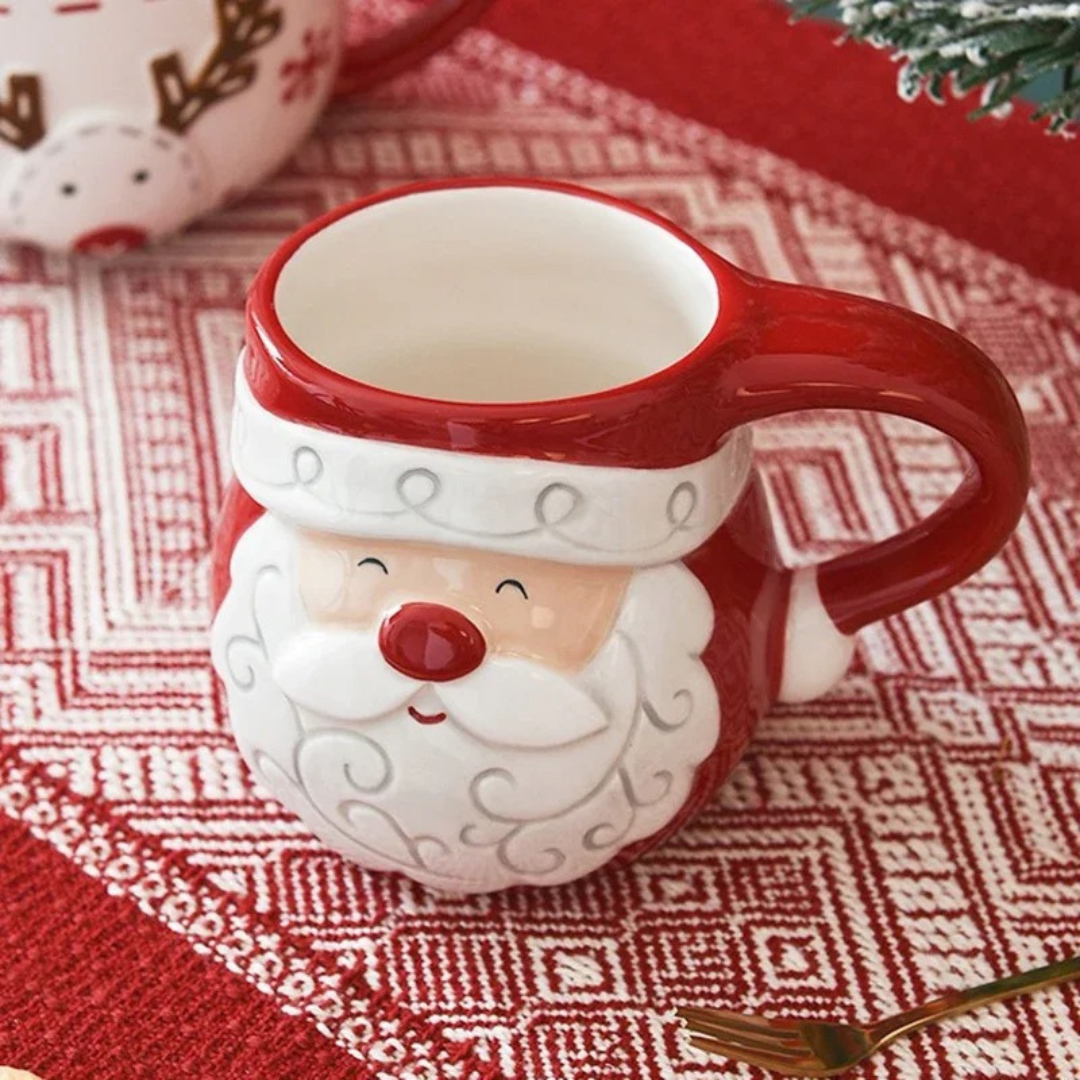 Caneca de Cerâmica Natalina em Alto Relevo – Papai Noel e Alce, Presente de Natal Home Gaju