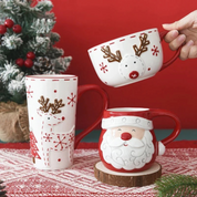 Caneca de Cerâmica Natalina em Alto Relevo – Papai Noel e Alce, Presente de Natal Home Gaju