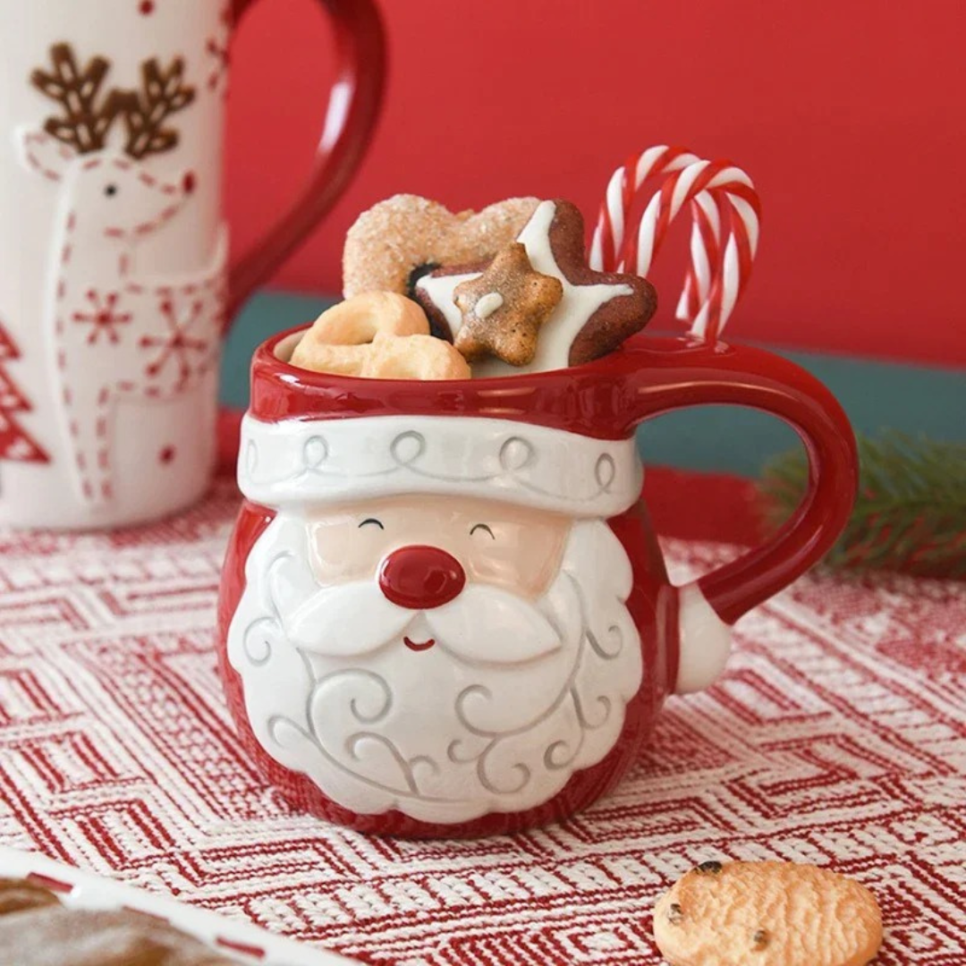 Caneca de Cerâmica Natalina em Alto Relevo – Papai Noel e Alce, Presente de Natal Home Gaju