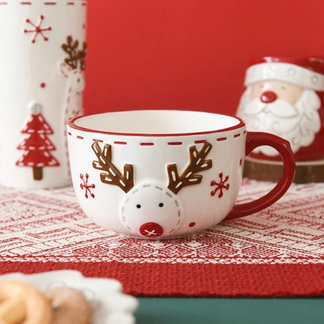 Caneca de Cerâmica Natalina em Alto Relevo – Papai Noel e Alce, Presente de Natal Home Gaju