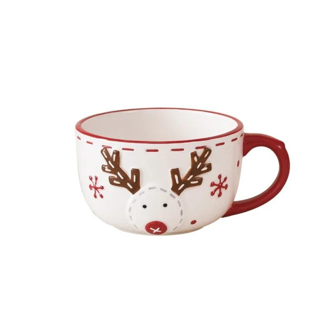Caneca de Cerâmica Natalina em Alto Relevo – Papai Noel e Alce, Presente de Natal Home Gaju