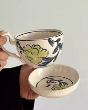 Caneca de Cerâmica com Prato Estilo Retrô 460ml Ideal para Café e Leite | Home Gaju