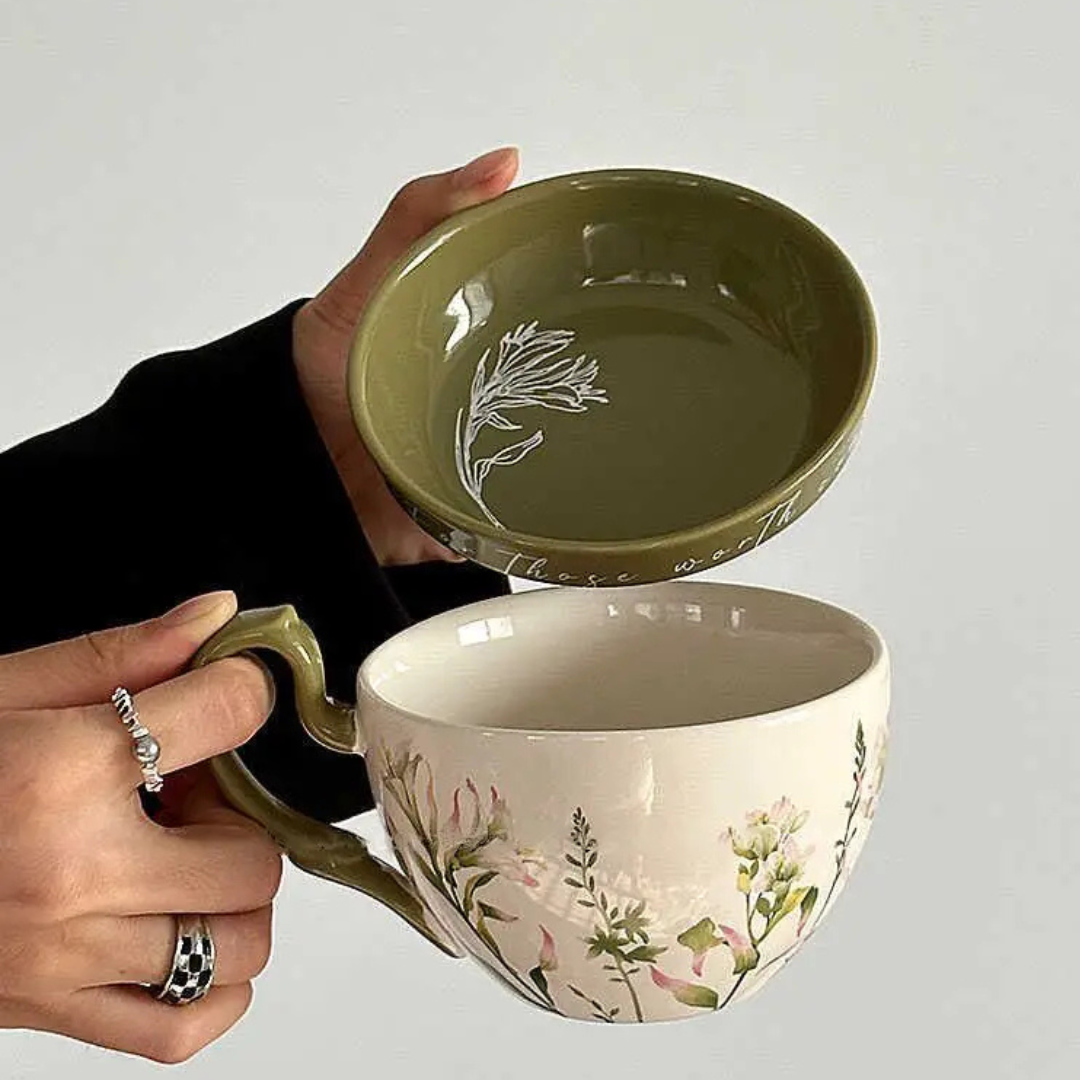 Caneca de Cerâmica com Prato Estilo Retrô 460ml Ideal para Café e Leite | Home Gaju
