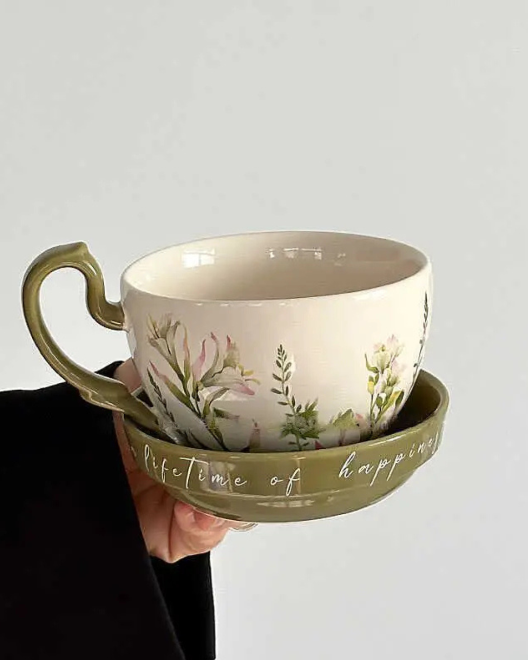 Caneca de Cerâmica com Prato Estilo Retrô 460ml Ideal para Café e Leite | Home Gaju