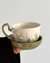 Caneca de Cerâmica com Prato Estilo Retrô 460ml Ideal para Café e Leite | Home Gaju