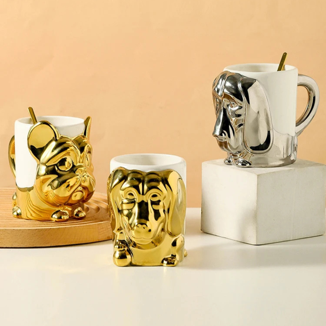 Caneca Criativa Dog 3D em Cerâmica Caneca de Café e Chá com Detalhes Dourados ou Prateados | Home Gaju