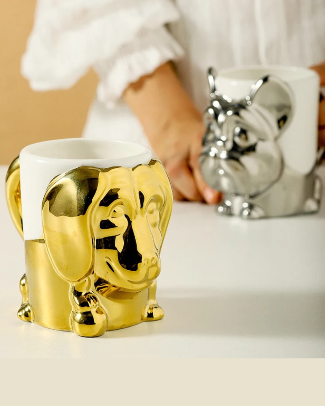 Caneca Criativa Dog 3D em Cerâmica Caneca de Café e Chá com Detalhes Dourados ou Prateados | Home Gaju