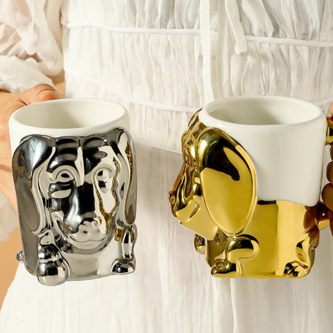 Caneca Criativa Dog 3D em Cerâmica Caneca de Café e Chá com Detalhes Dourados ou Prateados | Home Gaju