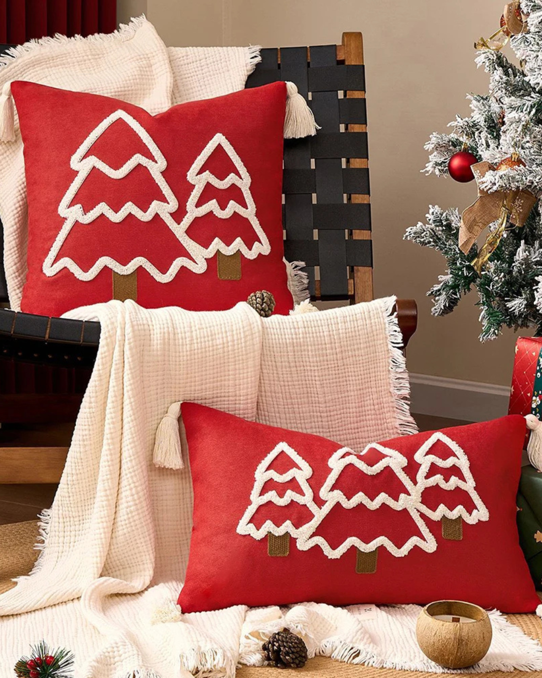 Capa de Almofada de Natal com Borlas vermelhas