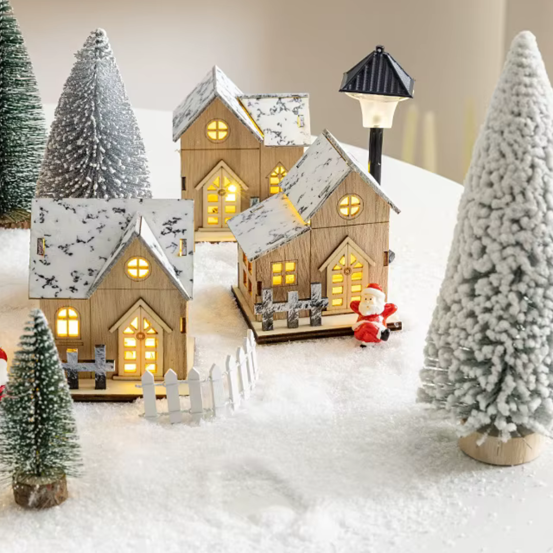 Casa de Madeira de Natal com Luz LED com neve e cerca