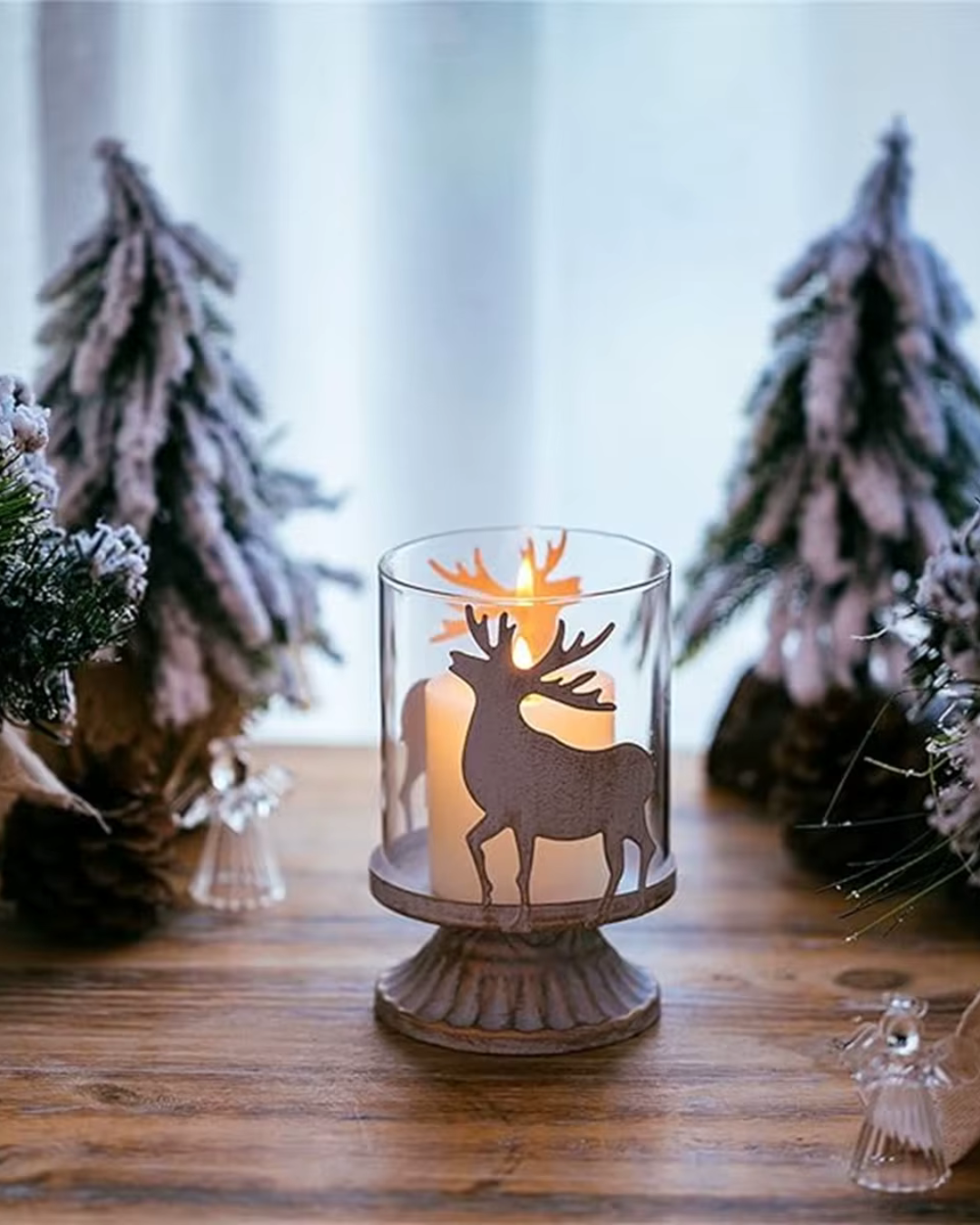 Castiçal de Natal em Vidro Retrô modelo alce com enfeite de natal